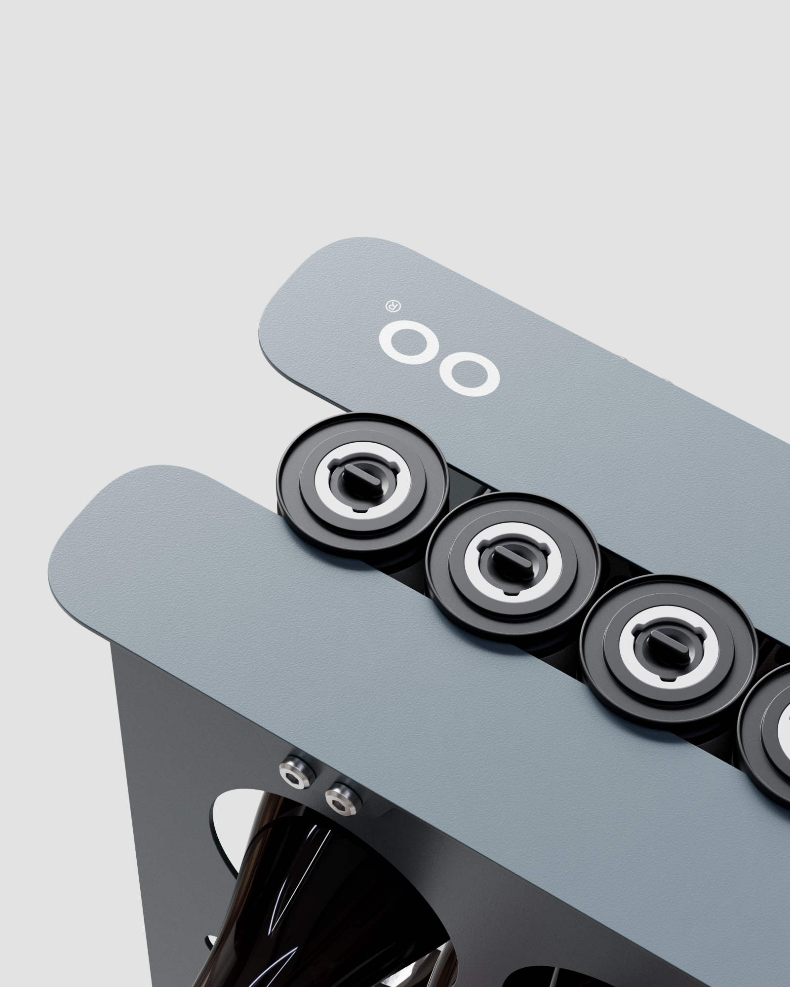 Close-up render of four vacuum stoppers arranged along the top of the bottle holder